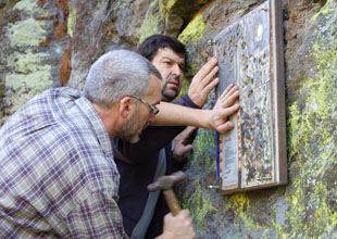 Momento da instalación da peza de Manolo Caamaño